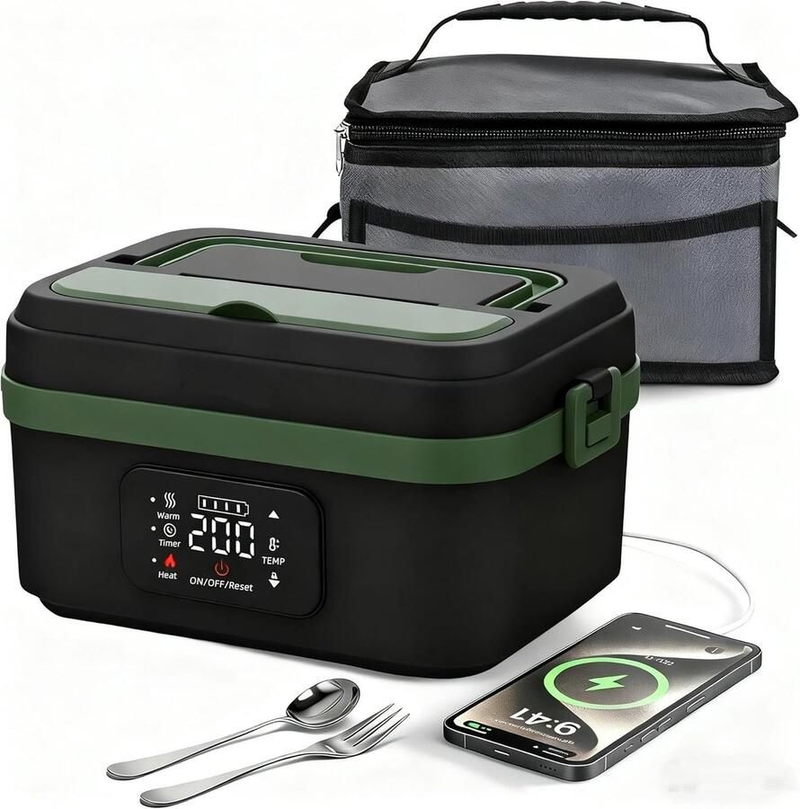 Elektrische Lunchbox Verwarmde Broodtrommel Warme Maaltijd Onderweg Tijd & Temperatuurregeling 1 Liter Capaciteit Groen