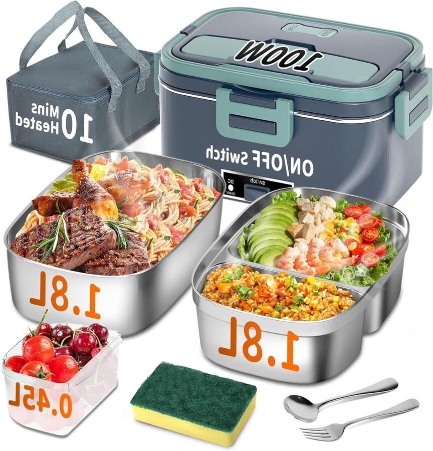 Elektrische Lunchbox Verwarmde Broodtrommel Warme Maaltijden Onderweg 3-in-1 Voedselverwarmer 1.8 Liter Zilver