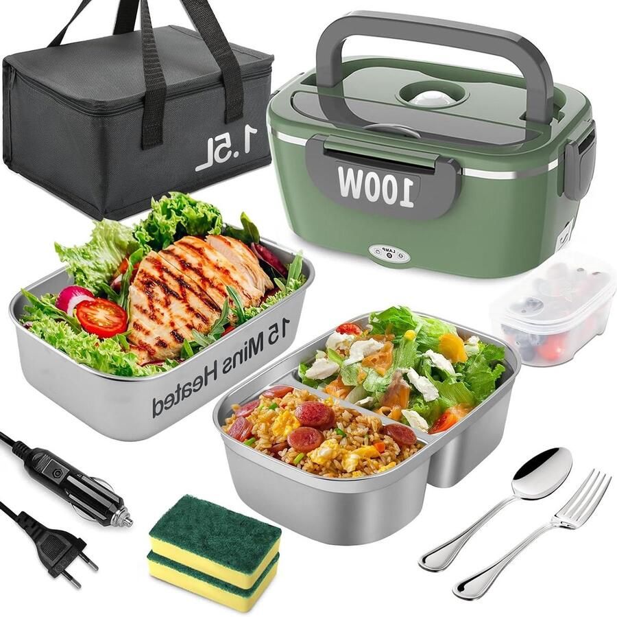Elektrische Lunchbox Verwarmde Voedselcontainer Warm Eten Onderweg Snel Opwarmen 100W 1.5 Liter Capaciteit Groen Grijs