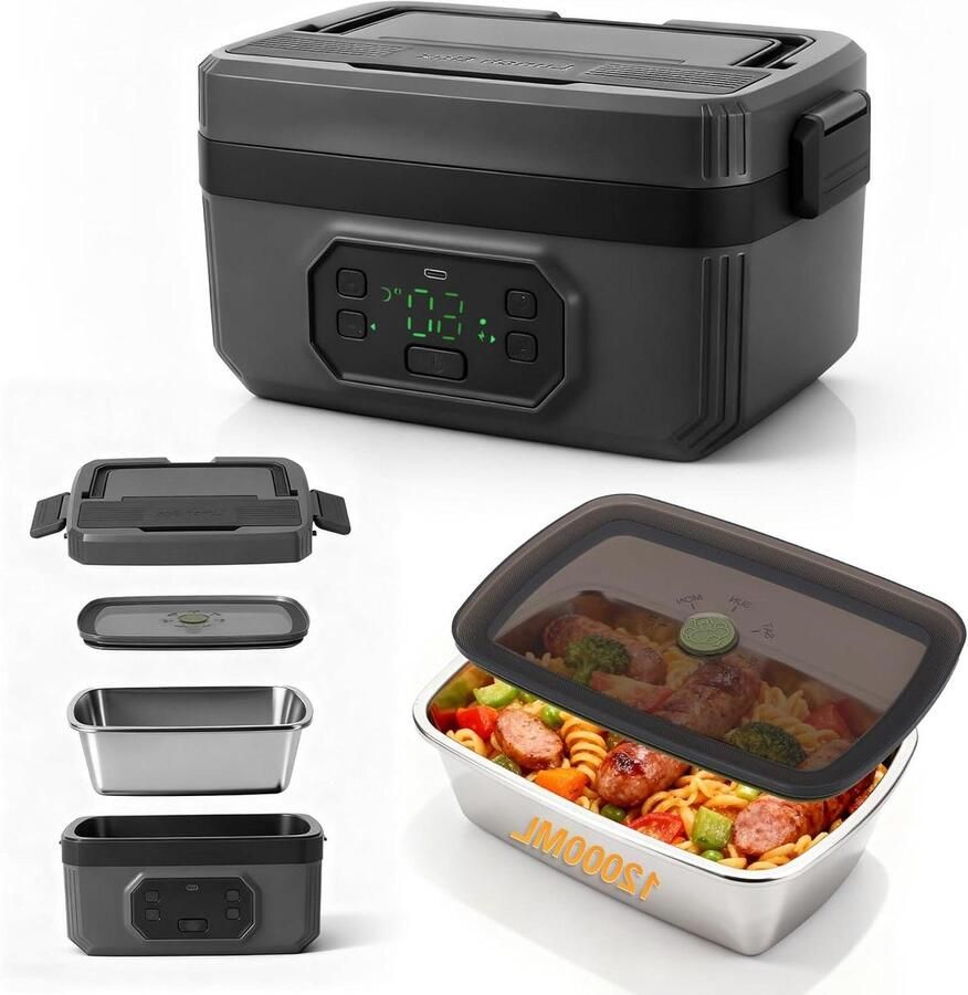 Elektrische Lunchbox Verwarmde Voedseldoos Warme Maaltijd Onderweg Krachtige Batterij 1.2 Liter Wit
