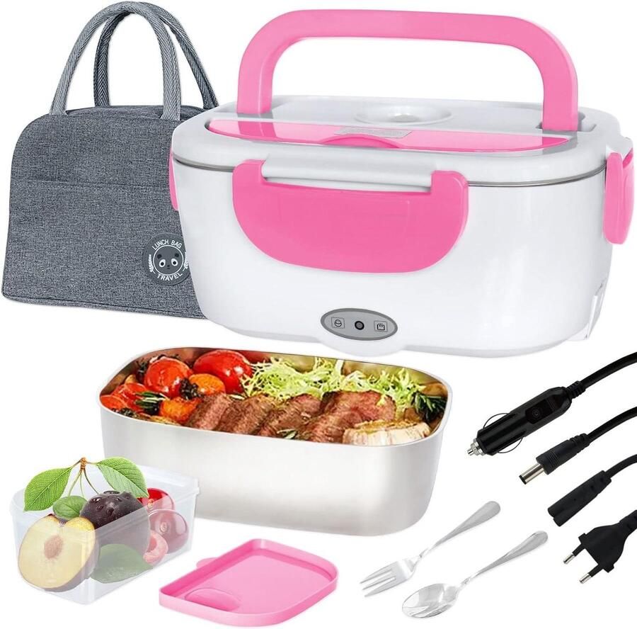 Elektrische Lunchbox Voedselwarmer Broodtrommel Maaltijden Opwarmen Aparte Vakken Bestek 15 Liter Roze