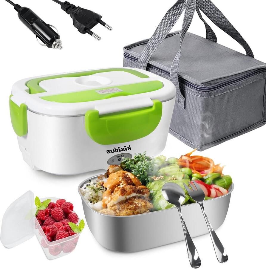 Elektrische Lunchbox Voedselwarmer Broodtrommel Onderweg Eten Opwarmen Universele Stroomvoorziening 1.5 Liter Groen