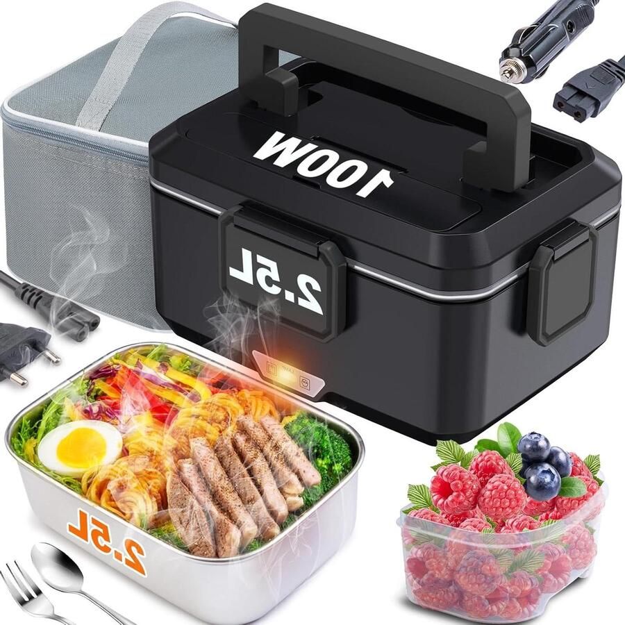 Elektrische lunchbox Voedselwarmer draagbaar Warme maaltijd onderweg 3-in-1 stroomkabels 25 liter capaciteit Zwart