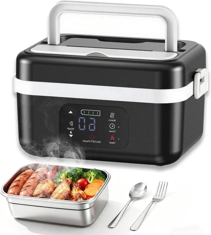 Elektrische Lunchbox Voedselwarmer Draagbare Oven Warme Maaltijd Onderweg Draadloos met Batterij 1 Liter Zilver