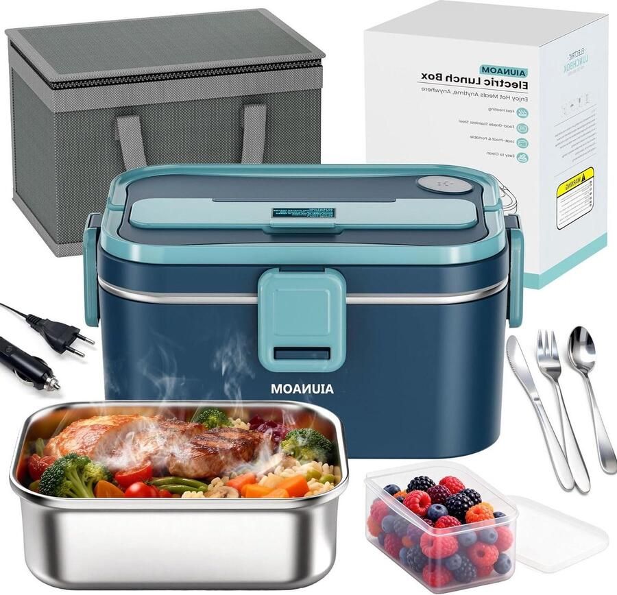 Elektrische Lunchbox Warme Maaltijd Onderweg Eten 3-in-1 Aansluitingen 1.8 Liter Zilverkleurig