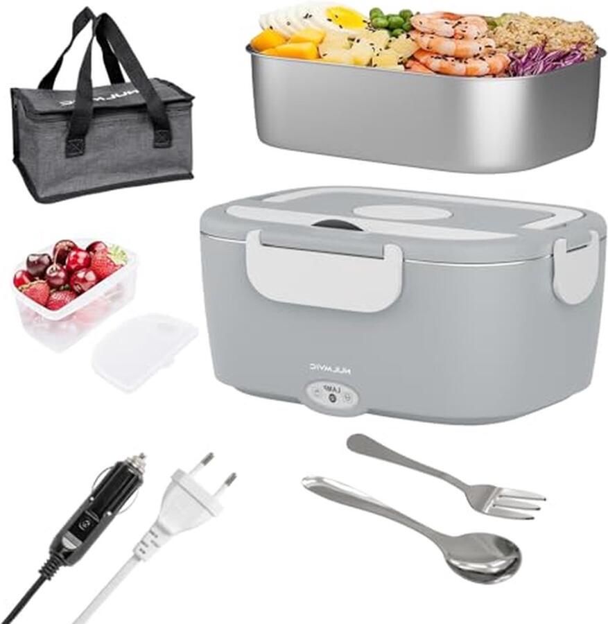 Elektrische Lunchbox Warmhoudbak Onderweg Eten 3-in-1 Aansluitingen 1.5 Liter Grijs
