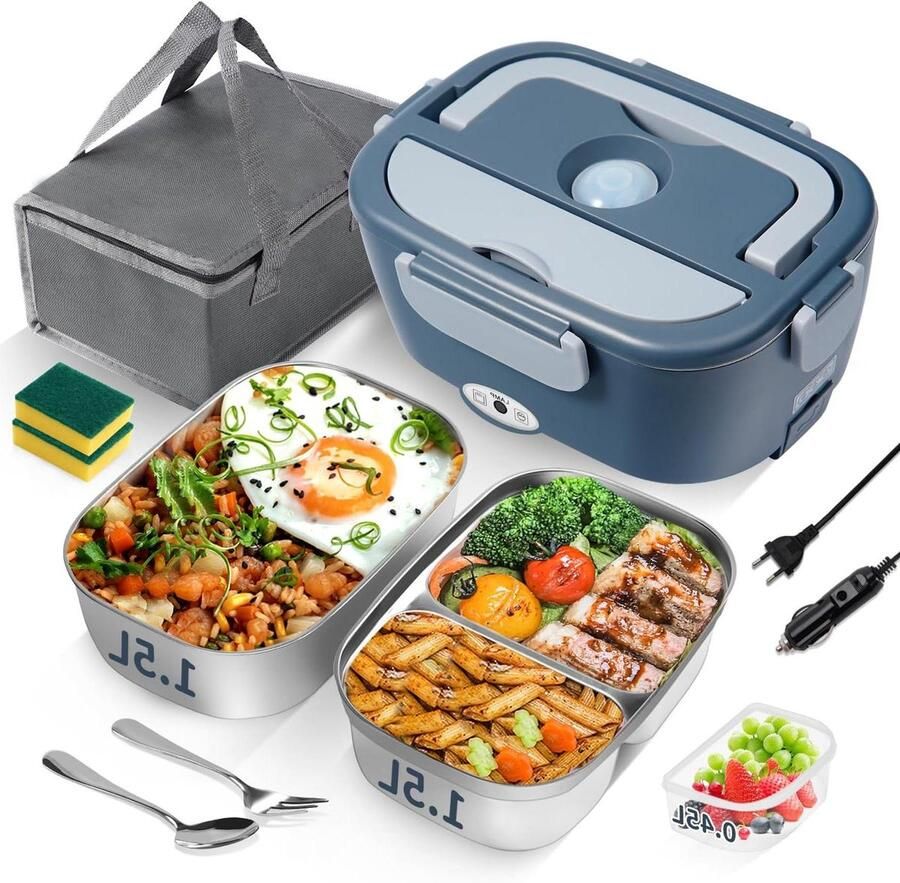 Elektrische Lunchbox Warmhoudbox Voedsel Onderweg Eten Opwarmen 3-in-1 Voeding Opties 1.5 Liter Grijs