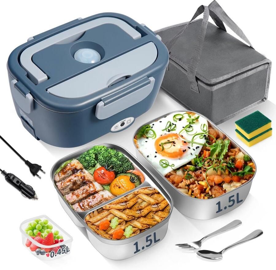 Elektrische Lunchbox Warme Maaltijd Box Eten Opwarmen Dubbele Container 100 Watt Grijs