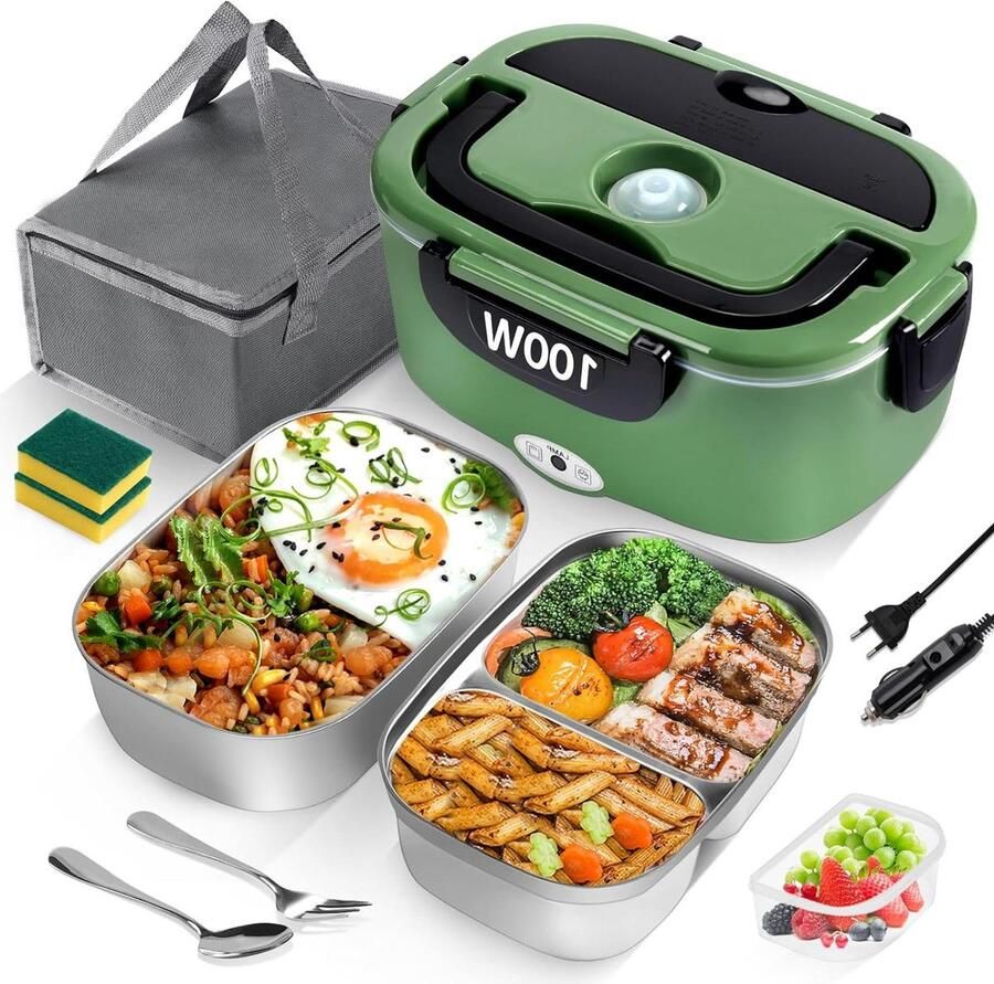 Elektrische Lunchbox Warmhoudbox Voedselwarmer Onderweg Eten Opwarmen 3-in-1 Voedingsopties 15 liter Groen