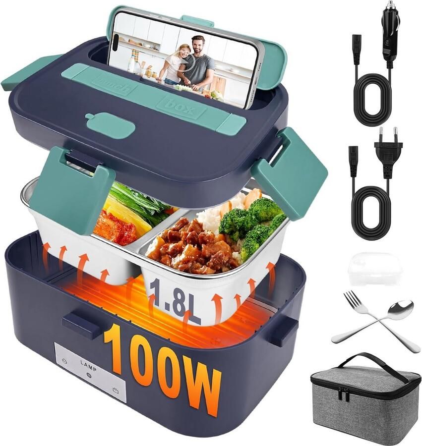 Elektrische Lunchtrommel 100W 3-in-1 Opwarmen Auto & Stopcontact (12V 24V 220V) Inclusief Bestek