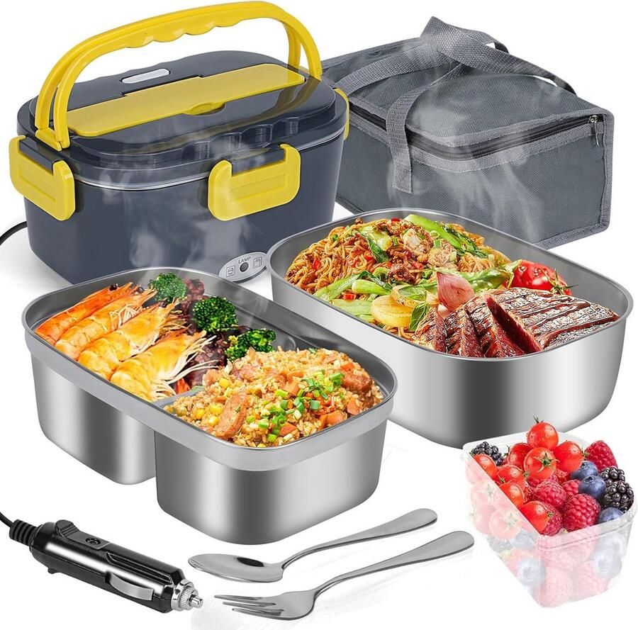 Elektrische Lunchtrommel Opwarmen 60W met 2 RVS Bakken en Fruitbakje