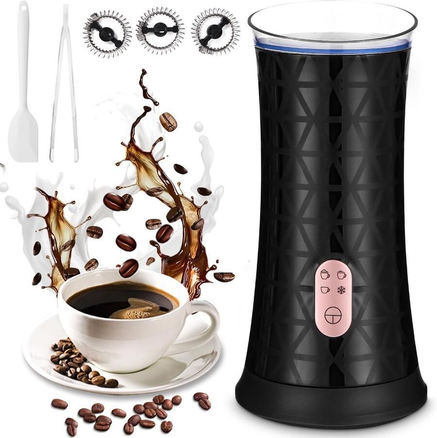 Elektrische Melkopschuimer 4-in-1 Professioneel Zwarte Melkschuimer voor Koude en Warme Dranken 430ml Capaciteit met Automatische Uitschakeling Geschikt voor Cappuccino Latte Macchiato Inclusief 3 Opzetstukken