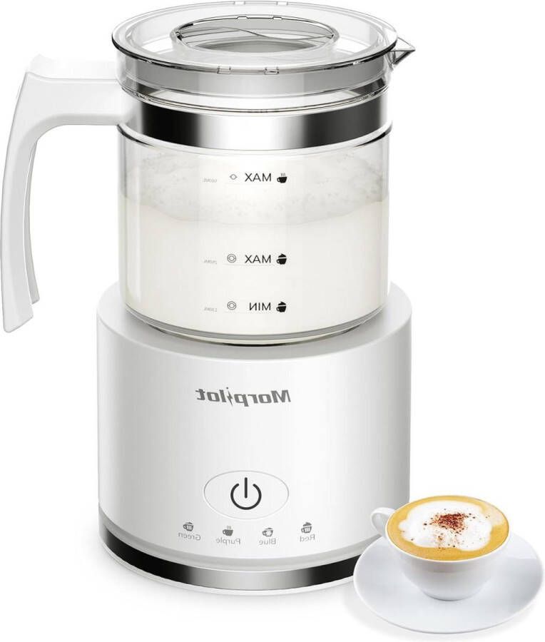 Elektrische melkopschuimer 4-in-1 voor warm en koud melkopschuimen 600 W 500 ml afneembaar glazen opzetstuk latte-design vaatwasmachinebestendig roestvrij staal wit