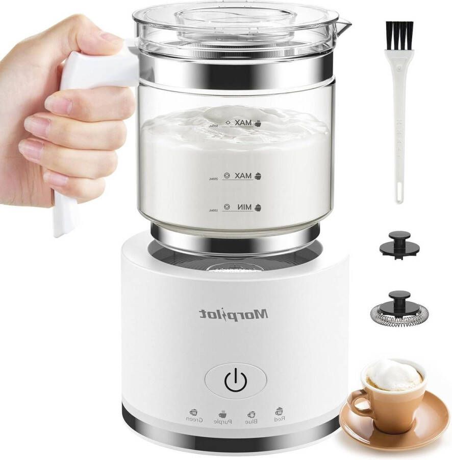 Elektrische melkopschuimer 4-in-1 voor warm en koud melkopschuimer 600 W 500 ml afneembaar glazen opzetstuk visueel latte-design vaatwasmachinebestendig roestvrij staal wit