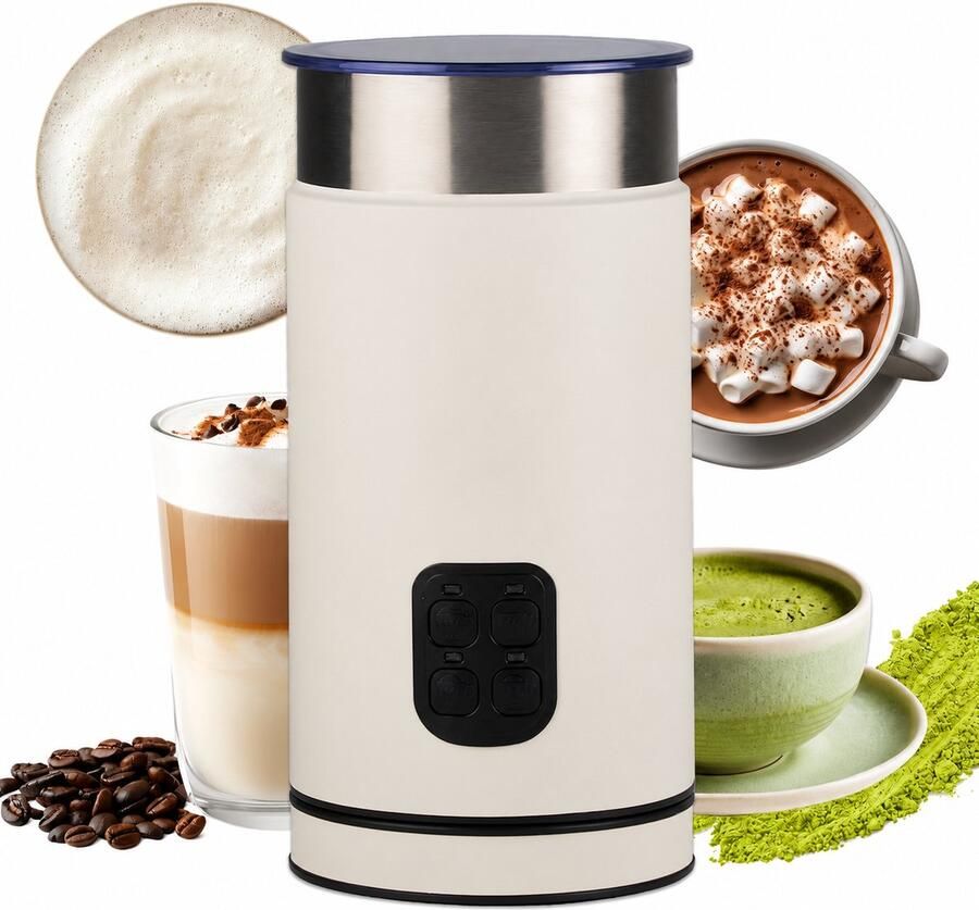 Elektrische melkopschuimer 4-in-1 warme en koude schuim melkverwarmer matcha cacao latte macchiato antiaanbak 240ml automatisch uitschakelen wit