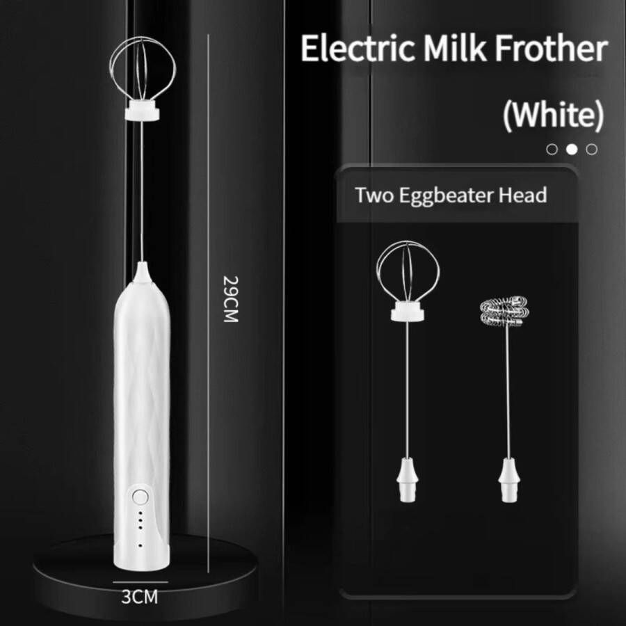 Elektrische melkopschuimer Draagbare eiklopper USB-oplaadbaar Handheld koffiezetapparaat Milkshaker Mixer Schuimmaker Foodblender met 2 koppen + 1 oplaadkabel wit