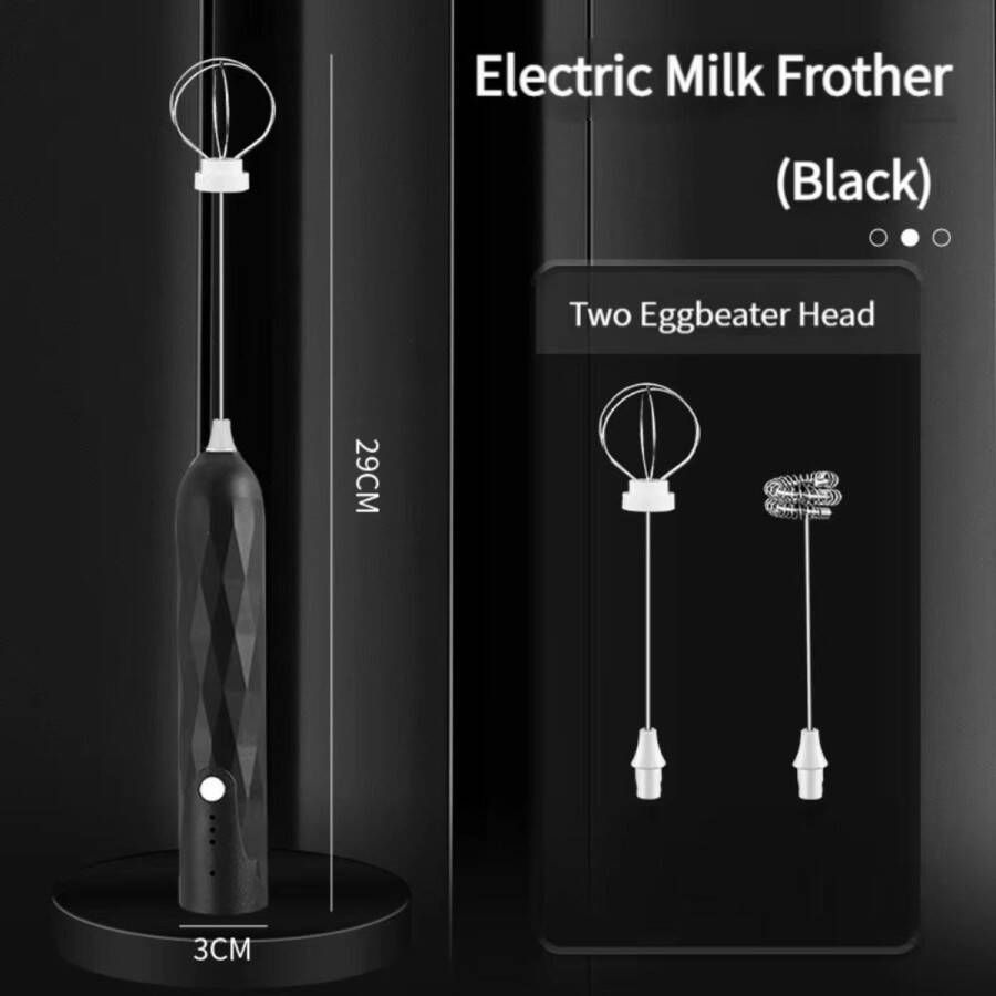 Elektrische melkopschuimer Draagbare eiklopper USB-oplaadbaar Handheld koffiezetapparaat Milkshaker Mixer Schuimmaker Foodblender met 2 koppen + 1 oplaadkabel zwart