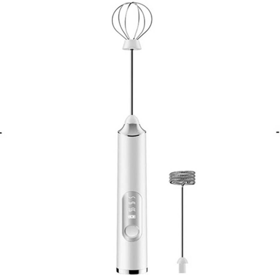 Elektrische melkopschuimer Draagbare melkopschuimer met twee koppen Drie instelbare snelheden Eén garde en één melkopschuimer Met USB-oplaadpoort Lange batterijduur Melkopschuimer voor latte cappuccino macchiato eieren Wit