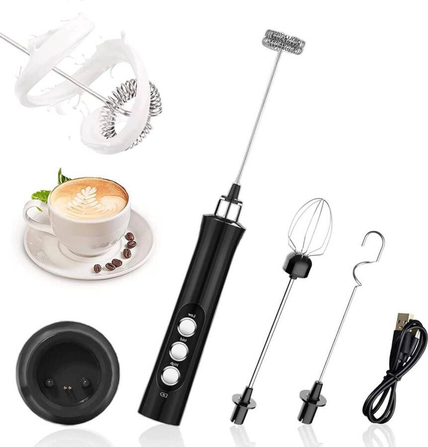Elektrische melkopschuimer met drie gardes USB oplaadbare melkopschuimer handbediende melkopschuimer van roestvrij staal voor koffie latte cappuccino warme chocolademelk matcha - Foto 2