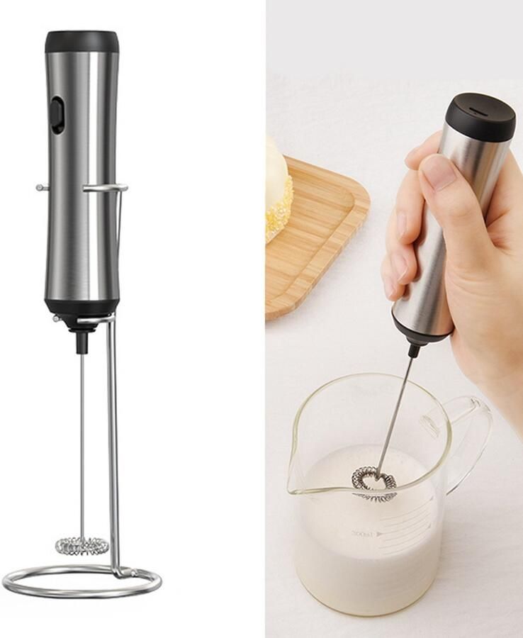 Elektrische melkopschuimer Handheld melkopschuimer van roestvrij staal 23 7*6 8 cm Oplaadbaar Inclusief standaard Geschikt voor het maken van dranken cappuccino warme chocolademelk milkshakes Zilver