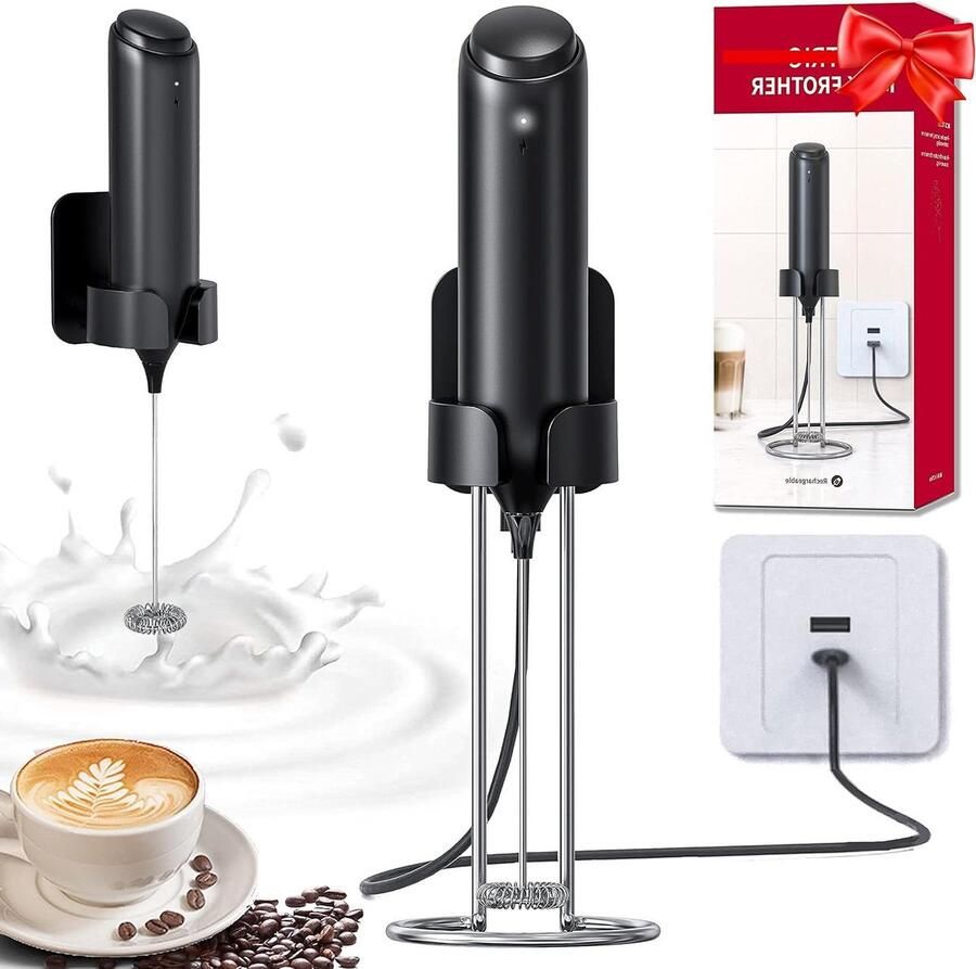 Elektrische Melkopschuimer Handheld Mixer Drankjes Maken Oplaadbaar met Standaard Compact Formaat Zwart
