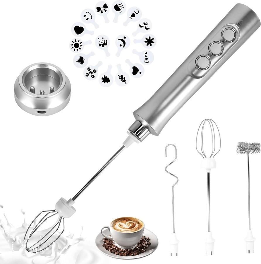 Elektrische Melkopschuimer Handheld Mixer Koffie Maken 3 Snelheden USB Oplaadbaar 1200 mAh Batterij Zilver