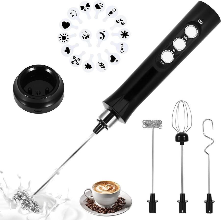 Elektrische Melkopschuimer Handheld opschuimer Koffie Bereiden 3 Snelheden Instelbaar USB Oplaadbaar Zwart
