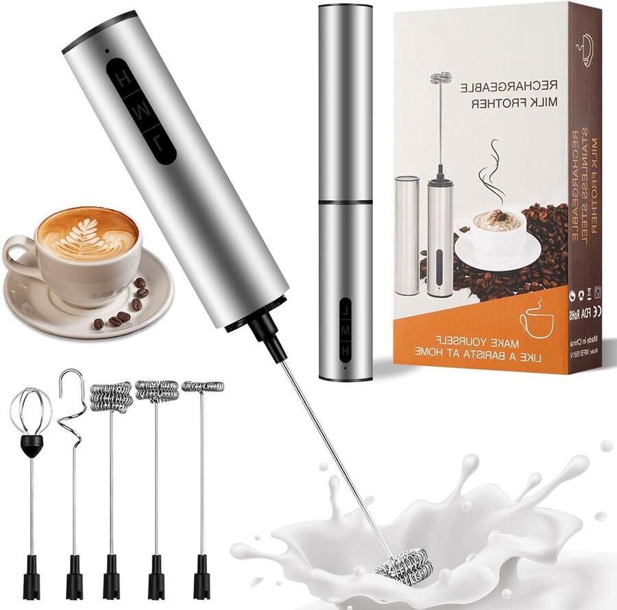 Elektrische Melkopschuimer Handmixer Garde Mixer Koffie Maken 5 Opzetstukken USB-C Oplaadbaar Zilver