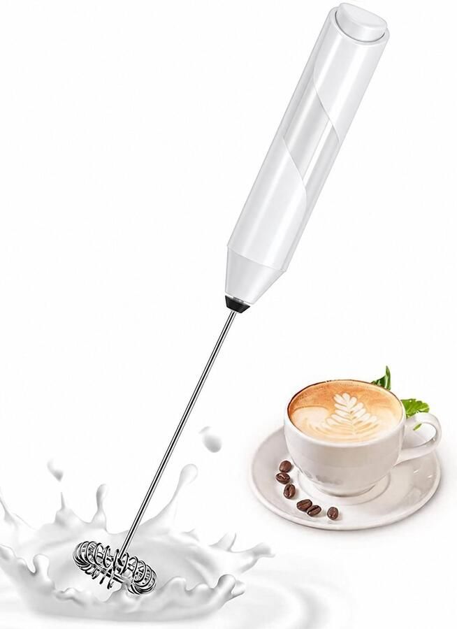 Elektrische Melkopschuimer – Melkklopper op Batterijen – Wit – RVS Klopper – Voor Koffie Matcha & Eiwitshakes