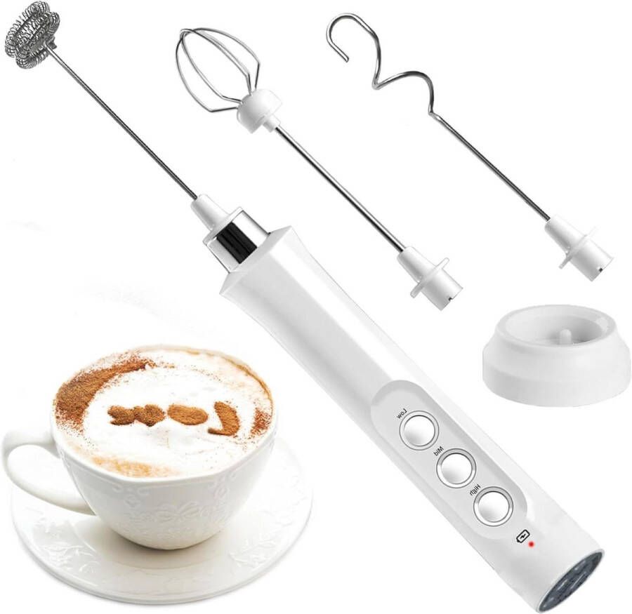 Elektrische melkopschuimer met 3 snelheden opzetstukken oplaadbaar koffie opschuimen eieren roeren
