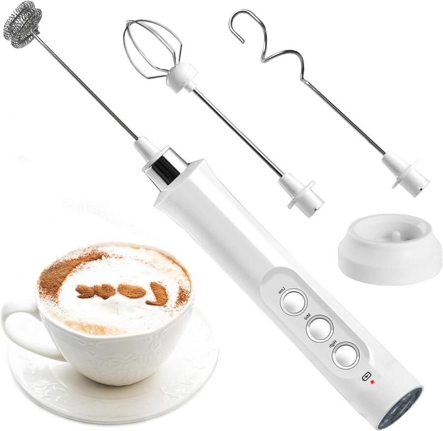 Elektrische melkopschuimer met 3 snelheden opzetstukken oplaadbaar koffie opschuimen eieren roeren