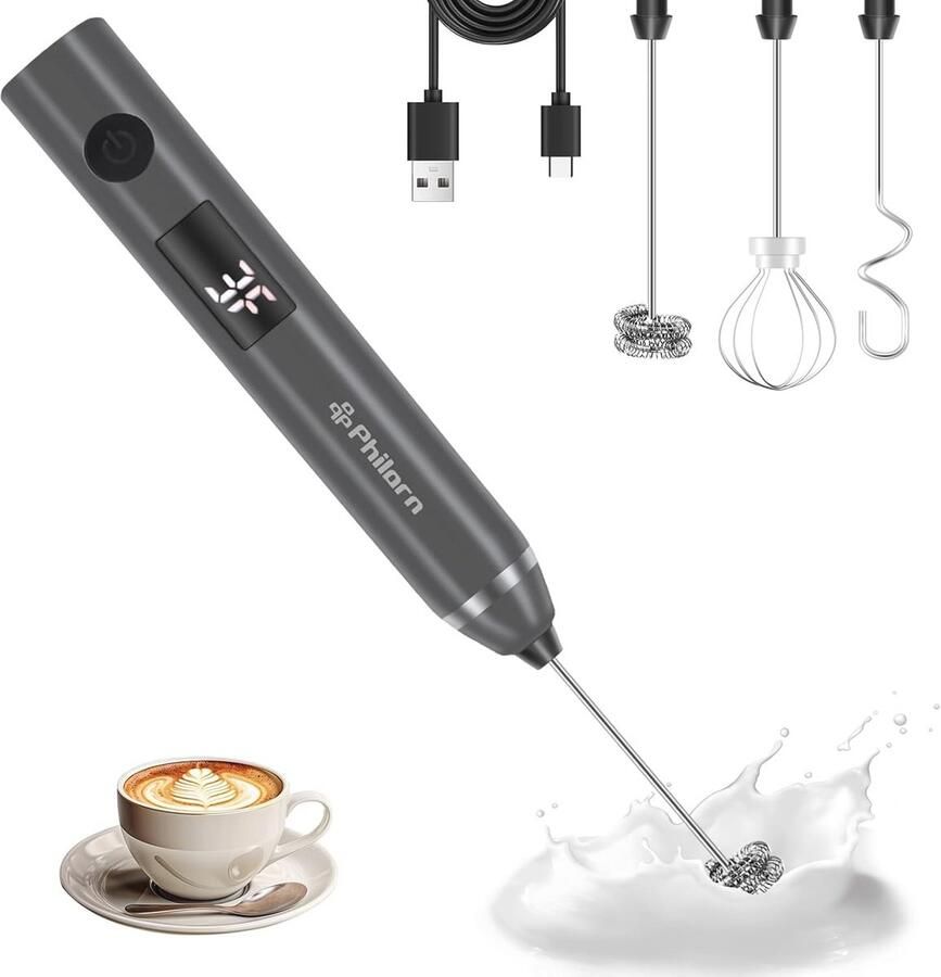 Elektrische melkopschuimer met 3 snelheden USB-oplaadbaar roestvrij staal voor koffie latte cappuccino crème en cocktails