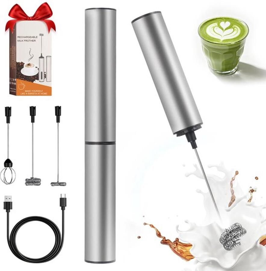 Elektrische Melkopschuimer met 3 Soorten Mengkoppen 2 Soorten Snelheid Elektrische Staafmixer Oplaadbaar via USB van Roestvrij Staal voor Koffie Melk en Meer