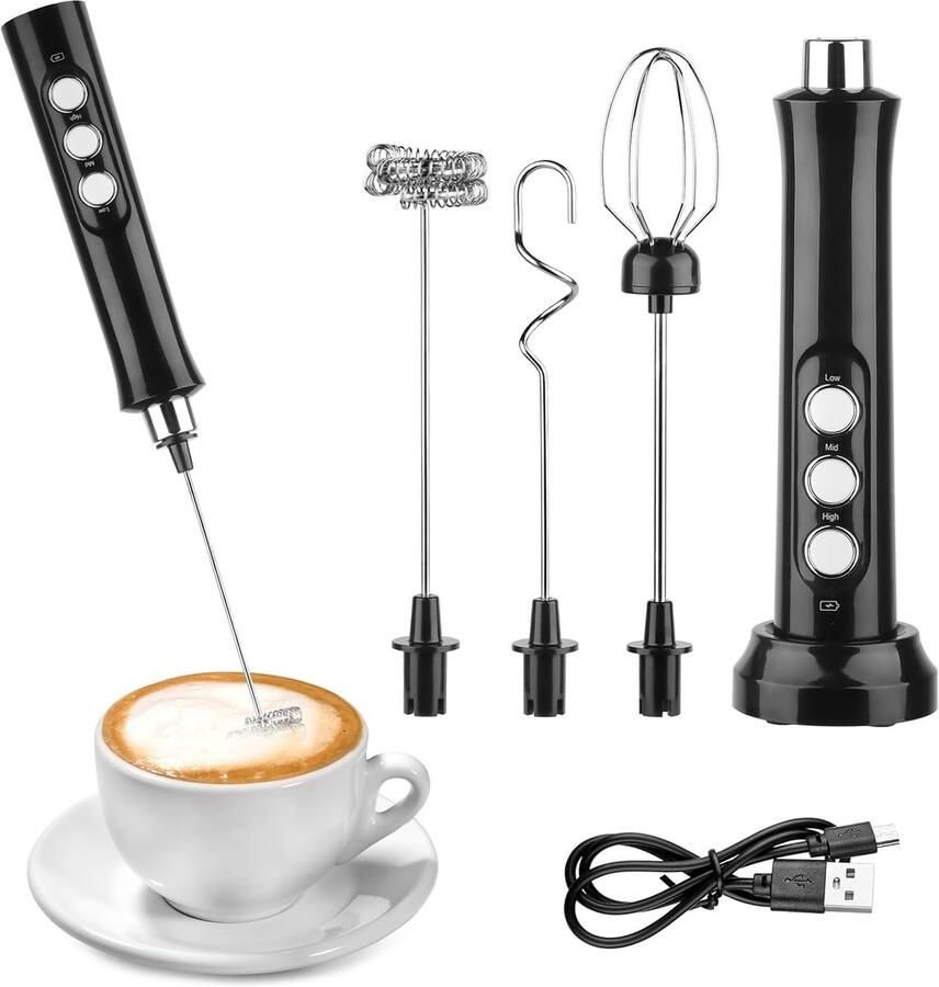 Elektrische melkopschuimer met drie roerkoppen oplaadbaar via USB draagbare melkopschuimer geschikt voor dranken zoals matcha latte koffie room eieren cappuccino etc