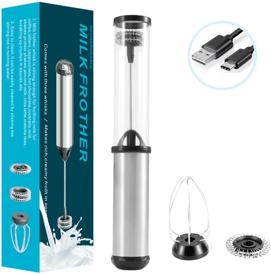 Elektrische melkopschuimer met dubbele kop USB oplaadbare melkopschuimer Geschikt voor het opschuimen van koffie latte cappuccino room macchiato en ei