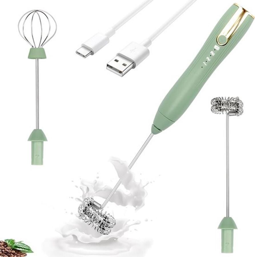Elektrische melkopschuimer met dubbele roestvrijstalen gardes USB-C oplaadbaar met 3 snelheden handmixer voor latte matcha warme chocolademelk en eieren