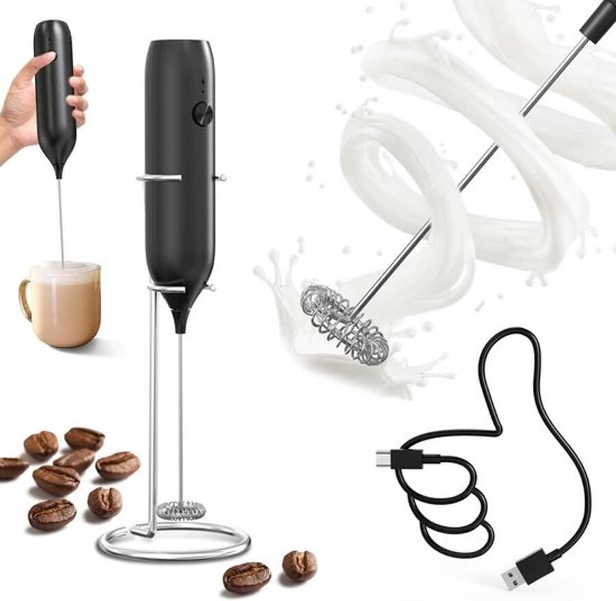 Elektrische melkopschuimer met standaard oplaadbare elektrische melkopschuimer handmatige melkopschuimer voor cappuccino koffie en latte zwart