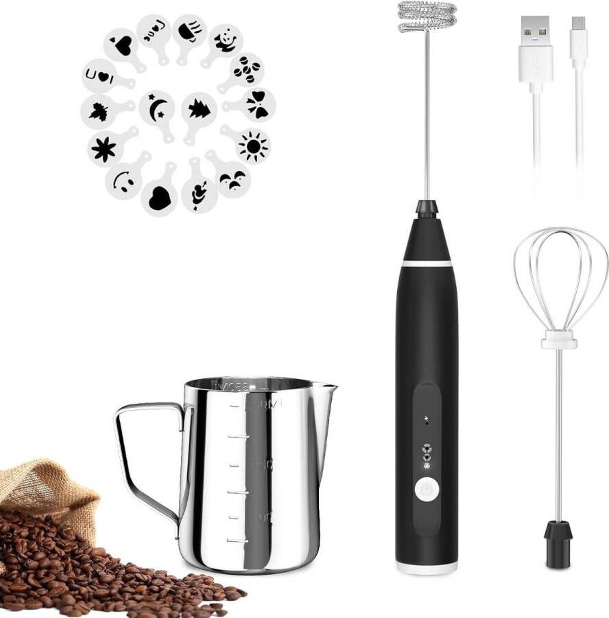 Elektrische Melkopschuimer 3 Niveaus USB-Melkopschuimer Inclusief 2 Roestvrijstalen Gardes Voor Koffie Warme Chocolademelk Latte Cappuccino 12V Oplaadbaar