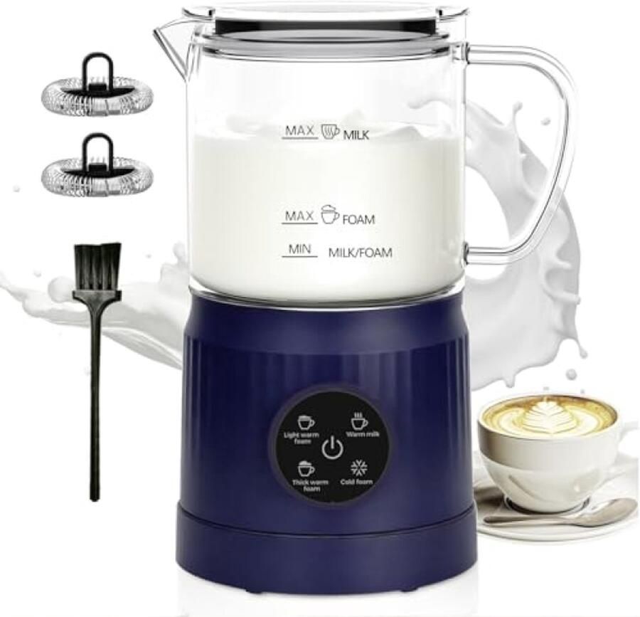 Elektrische Melkopschuimer met Verwarmingsfunctie 4-in-1 Multifunctioneel Transparante Kan Blauw