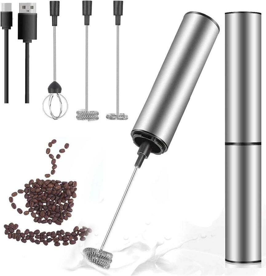 Elektrische Melkopschuimer Handmixer Opschuimer Drankjes Bereiden USB Oplaadbaar Roestvrij Staal Zilver