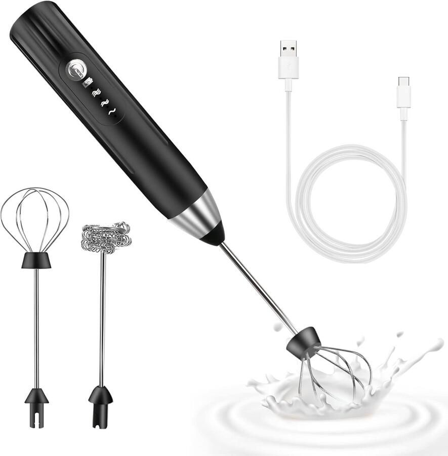 Elektrische melkopschuimer Mini garde Koffie maken 3 snelheden USB-oplaadbaar Zwart
