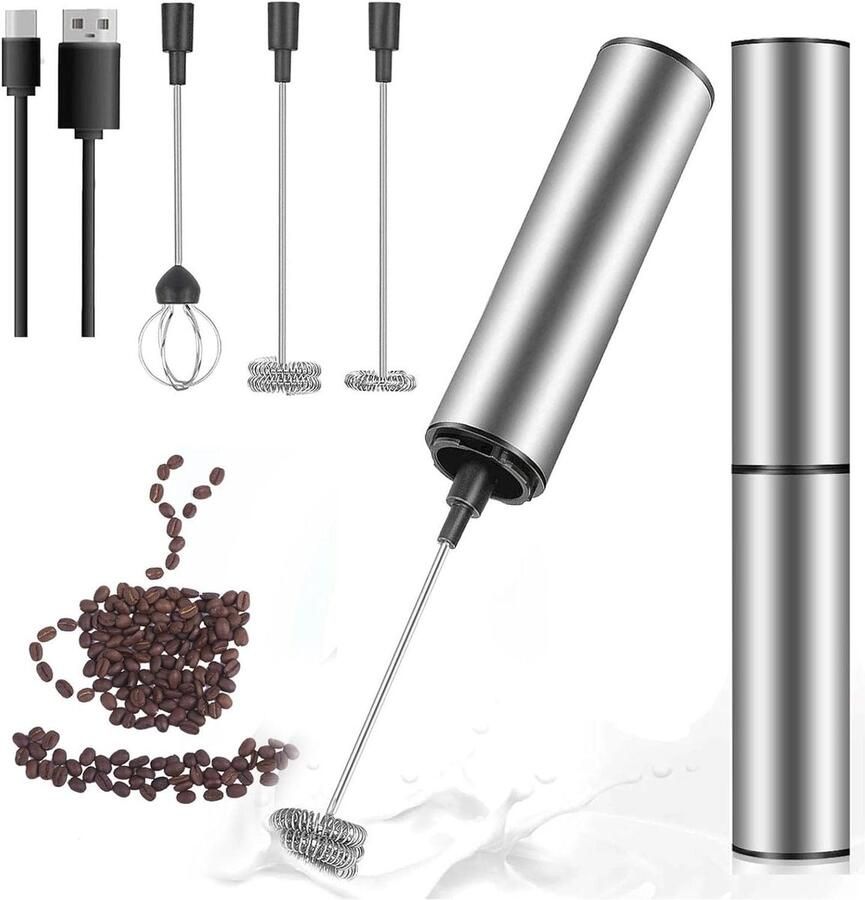 Elektrische Melkopschuimer Handmixer Opschuimer Dranken Bereiden USB Oplaadbaar 0.26 Kilogram Zilver
