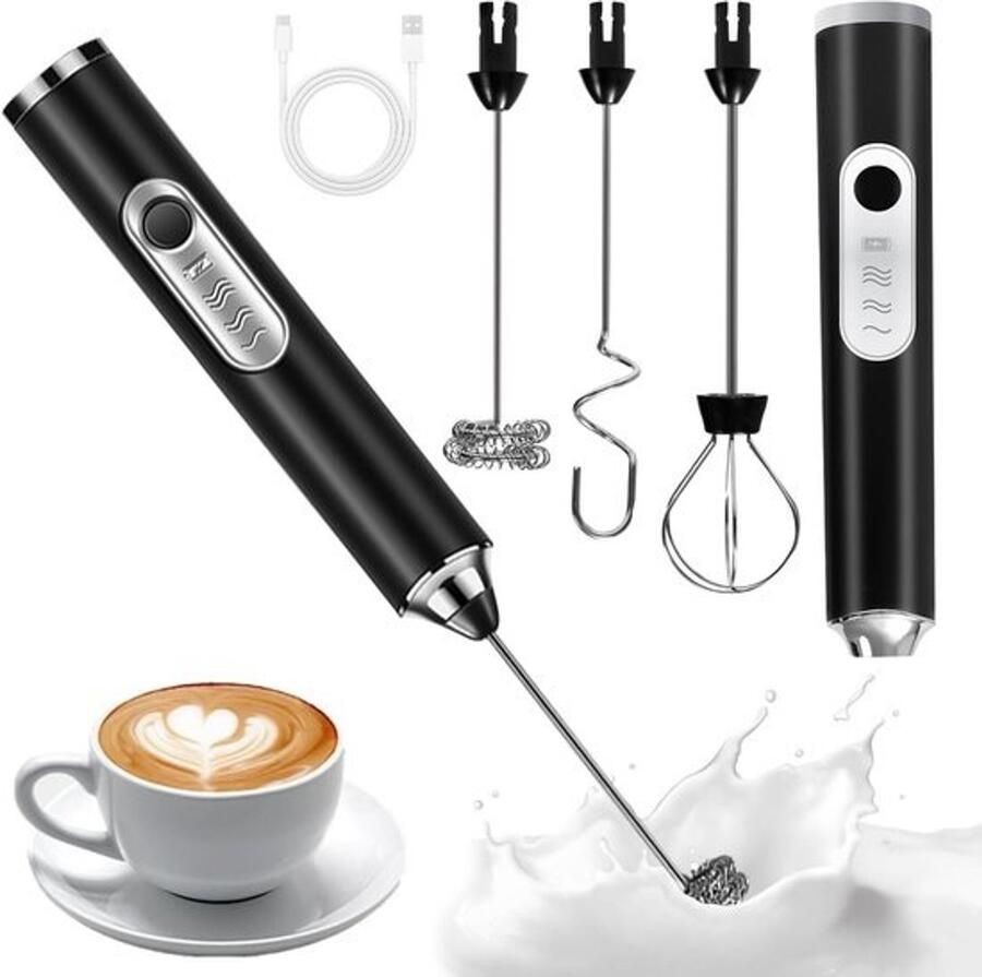 Elektrische Melkopschuimer Mini Mixer Koffie Bereiden 3 Instelbare Snelheden USB Oplaadbaar Zwart
