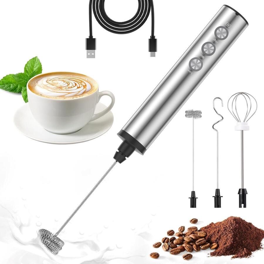 Elektrische Melkopschuimer Roestvrij Staal USB-oplaadbaar 3 Snelheden Voor Koffie en Latte