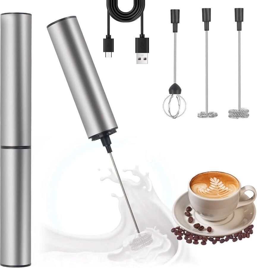 Elektrische melkopschuimer USB oplaadbaar mini-melkgarde van roestvrij staal 304 met 3 opzetstukken en 2 snelheden 11000 13000 omw min draagbaar en draadloos voor cappuccino latte matcha