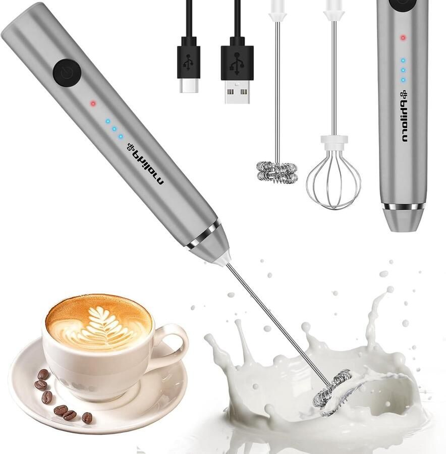 Elektrische Melkopschuimer Zilver 2 Hoofden USB Oplaadbare Melkopschuimer met Drie Snelheden Voor Koffie en Latte