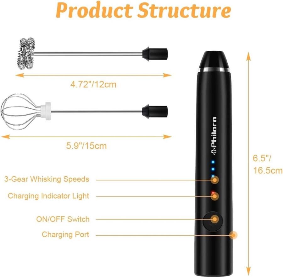 Elektrische Melkopschuimer Zwart Handheld met 2 Garde USB Oplaadbaar Voor Koffie Latte en Cappuccino