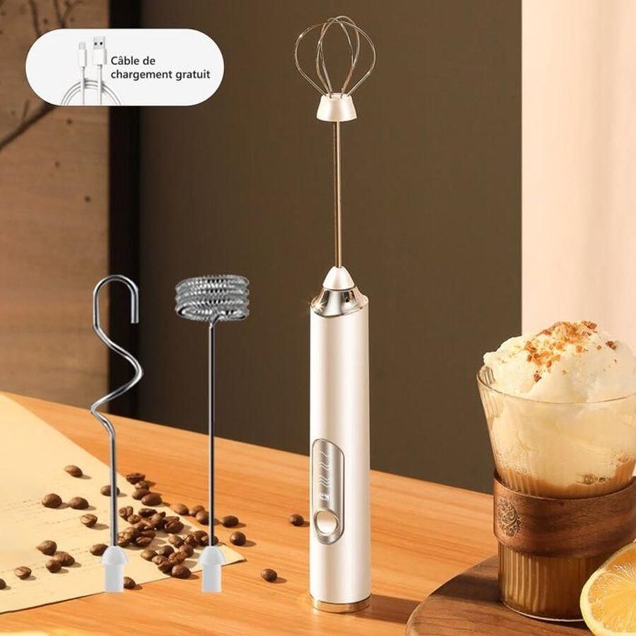 Elektrische melkschuimer drie instelbare snelheden oplaadbaar via USB met standaard en drie spiraalvormige opschuimkoppen geschikt voor koffie room en eiwitten