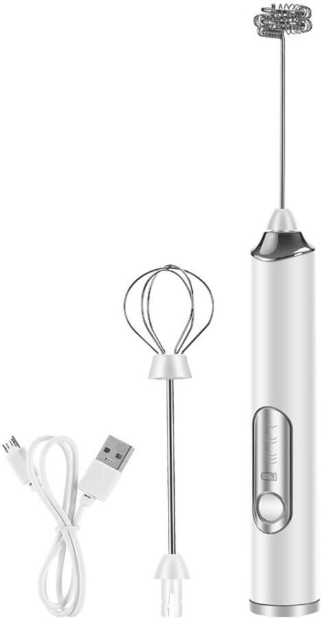 Elektrische melkschuimer met 3 instelbare snelheden en USB-oplaadfunctie. Wordt geleverd met 2 opzetstukken voor het opschuimen van melk geschikt voor koffie cappuccino en latte. Wit