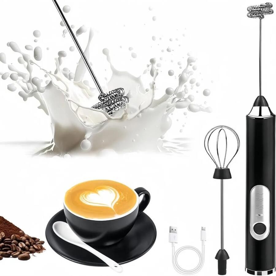 Elektrische melkschuimer met 3 instelbare snelheden en USB-oplaadfunctie. Wordt geleverd met 2 opzetstukken voor het opschuimen van melk geschikt voor koffie cappuccino en latte. Zwart